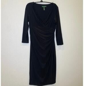 Lauren Ralph Lauren Black Midi Sheath Dress Stretchy 3/4 Sleeves EUC Sz 6 Poly
